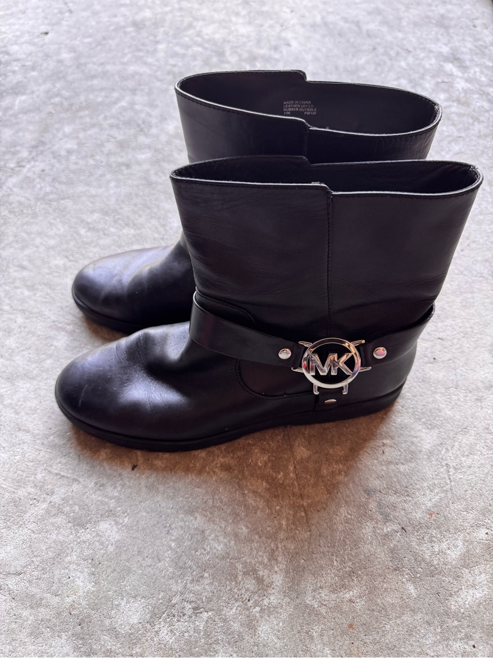 Michael Kors Black Leather Mid-Calf Boots with Silver MK Emblem